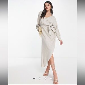 Elegant Linen Cream Wrap Asymmetrical MIDI Dress